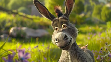 This image features an animated donkey character in a vibrant green meadow, displaying a friendly and approachable demeanor, set against a lively sunny backdrop.