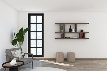3d render of minimal interior design wall mockup with shelves and frames. Light oak wood parquet floor, White wall and white ceiling. Set 5