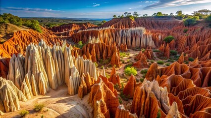 Rugged ochre-red limestone karst landscape of Tsingy Rouge, near Diego Suarez, Madagascar, featuring unique rock formations and sparse vegetation.