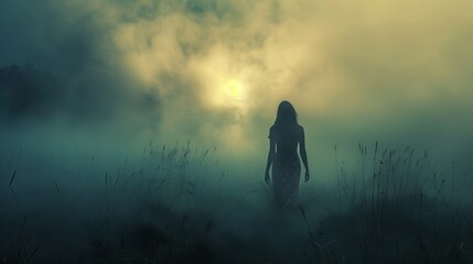 Fototapeta premium A lone woman stands in a misty meadow at twilight, with a glowing sun breaking through the fog, evoking a sense of calm, mystery, and reflection.