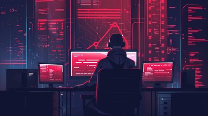 A person is seen working on a computer with several screens displaying code and data, surrounded by futuristic digital interface elements in a dark room.