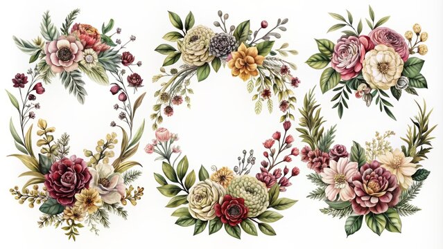 Elegant hand-drawn botanical bouquets featuring intricate black line art flowers and leaves in various ornate frames and wreaths arrangements.