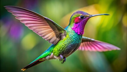Fototapeta premium Vibrant hummingbird with straight tail feathers pointing upward showcases stunning green, pink, and purple plumage in elegant, artistic composition.