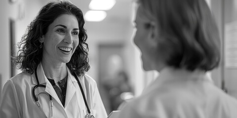 A woman wearing a stethoscope talks to another woman, possibly in a medical or healthcare setting