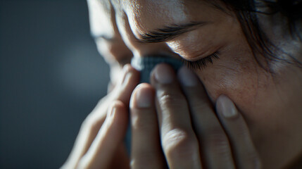 くしゃみをする女性、またはくしゃみを我慢する女性