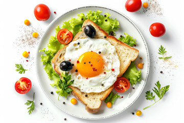 a plate with a fried egg and tomatoes