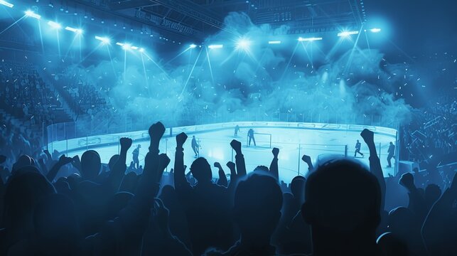 A vibrant scene featuring a packed hockey arena with an enthusiastic crowd, spotlights illuminating the ice rink, and players preparing for the game in a captivating blue light.
