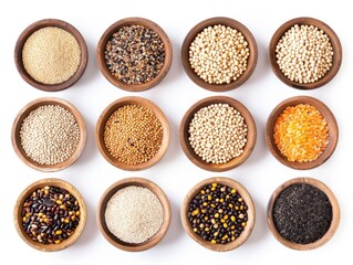 Various grains displayed in wooden bowls on a white surface