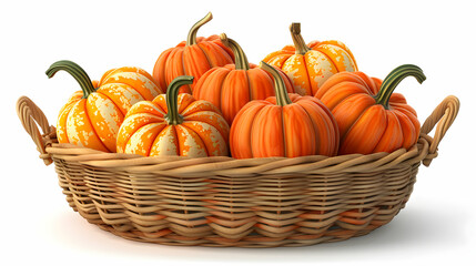 3D Flat Icon Fall Harvest Basket with Pumpkins and Squash   Thanksgiving Concept with Copy Space on White Background