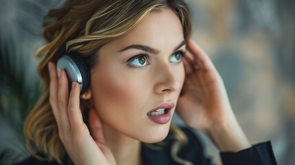 Fototapeta premium A close-up image of a woman wearing headphones, immersed in listening. Soft lighting emphasizes her focused and serene expression against a blurred background.