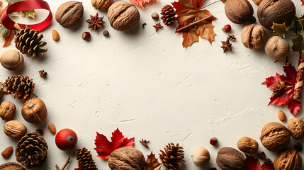 3D Flat Icon Festive Border Frame with Nuts and Foliage for Thanksgiving Design Concept