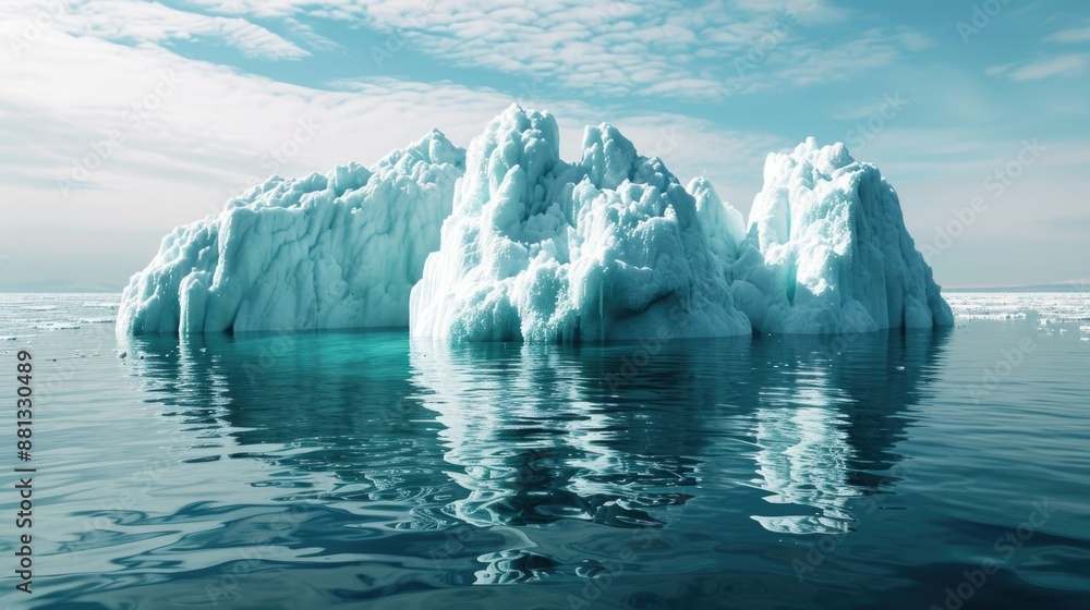 Poster a large iceberg floating in the open sea, with waves crashing against it