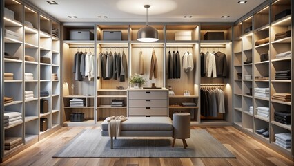 Sleek, minimalist Scandinavian dressing room with separate areas for clothing, shoes, and accessories, showcasing impeccable organization and style.