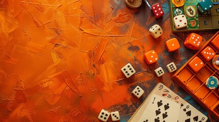 A visually vibrant collection of tabletop gaming elements including dice, cards, and various game pieces arranged aesthetically against an orange background, showcasing the variety and fun of board g