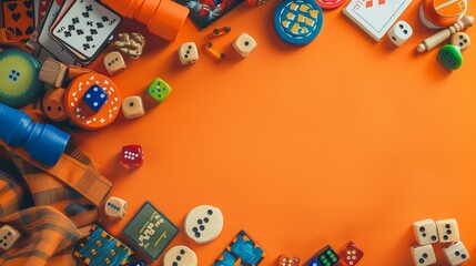 An array of board game elements like cards, dice, pieces, and tokens encircling an orange center, illustrating a well-organized setup for engaging and enjoyable game play.