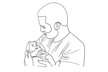 Father hold his newborn baby outline vector illustration. Daddy hold in arms his baby one line simple vector illustration isolated on white background. Happy Fathers Day concept.