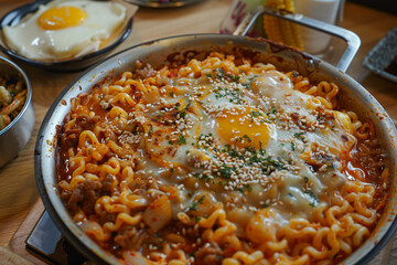 a pan of pasta with eggs and other dishes