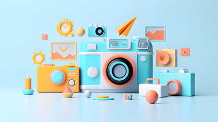 3D Flat Icon: Individual with Camera  CMS Overlay for Marketing | Content Management System Symbol with Copy Space | Concept of Blending Individual, Camera,  CMS for Marketing | 