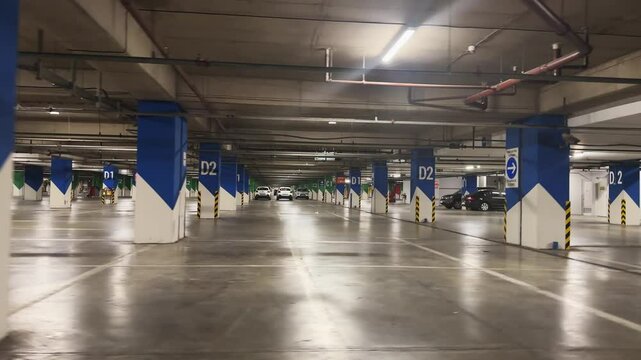 Establishing shot of empty parking lot garage in shopping mall or train station or airport with a lot of parking spaces and a lot of parking signs