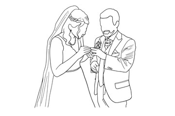Bride puts wedding ring on groom's finger outline vector illustration. Female in suit puts a wedding ring on the male's finger. Simple Vector illustration.