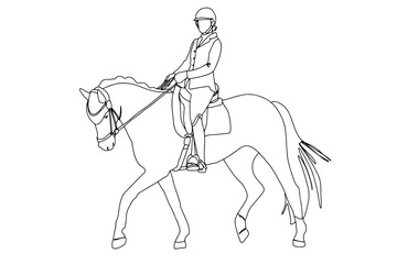 One single line drawing of young female horse rider  vector illustration. Elegant horse performing vector graphic illustration. Equestrian sport show competition concept. 