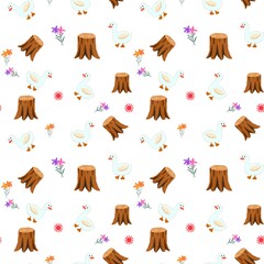 seamless pattern of ducks, flowers 