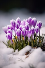 A group of purple frogs sit together on snowy ground, enjoying the winter scene