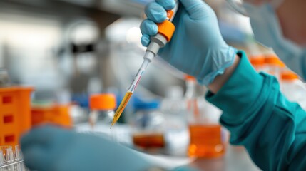 A scientist in gloves and lab coat is carefully using a pipette in a modern laboratory setting, surrounded by various scientific equipment and containers, highlighting precision and research.