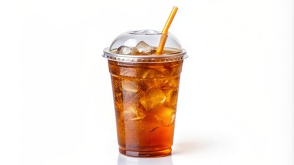 Freshly brewed iced tea served in a clear plastic cup with a straw, isolated on a clean white background.