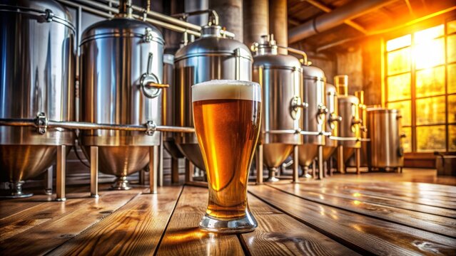 Freshly brewed golden ale sits on a rustic wooden table amidst stainless steel tanks in a vibrant brewery atmosphere.