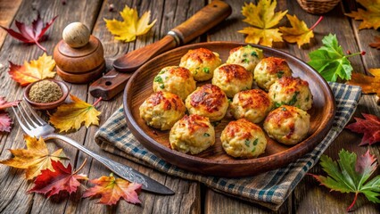 Rustic platter showcases artfully arranged Semmelkn?del, traditional German bread dumplings, surrounded by autumnal leaves and rustic wooden utensils.