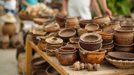 Fototapeta premium This image depicts a variety of handmade rustic clay pots and pottery neatly arranged on a market stall, highlighting traditional craftsmanship and market culture.