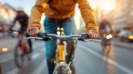 A close-up view of a cyclist wearing casual clothing and riding a yellow bike on a city street with other cyclists in the background, highlighting urban commuting and lifestyle.
