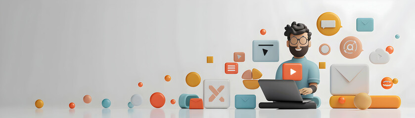 3D Flat Icon: Person with Laptop and Marketing Automation Symbols   Marketing Automation Strategy Concept with Copy Space on White Background