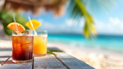 Two refreshing cocktails with orange slices sit on a wooden table at a tropical beach, with blurred ocean and palm leaves in the background, representing a vacation getaway.