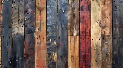 Texture of reclaimed wood with varied planks, each featuring distinct grains and colors