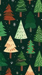 Illustrated Christmas trees of various colors and sizes arranged on a dark green background with white snowflakes