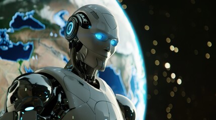 Fototapeta premium Image of a futuristic robot with blue light in front of a backdrop of Earth as seen from space. The beams of light create a sophisticated and mysterious technological atmosphere.