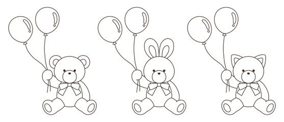 Fototapeta premium リボンをつけたかわいいくまとうさぎとねこのぬいぐるみのベクターイラストセット。アイコン、風船