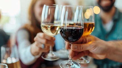 A group of friends toasting with a variety of wine glasses, celebrating and enjoying their time together, emphasizing the joy and camaraderie shared in festive moments.