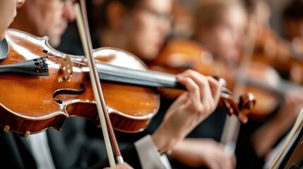 An engaged violinist performs in an orchestra, highlighting the skill and harmony among musicians, reflecting their collective passion and dedication in a live concert setting.