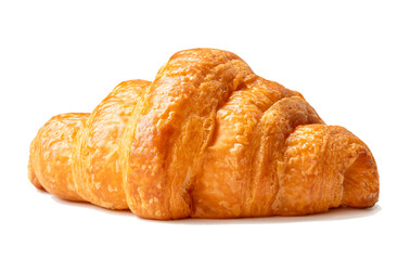 Side view of single brown croissant isolated with clipping path and shadow in png file format