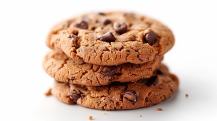 A tempting stack of freshly baked chocolate chip cookies, highlighting the delicious texture and rich, gooey chocolate chips against a clean, plain white background.