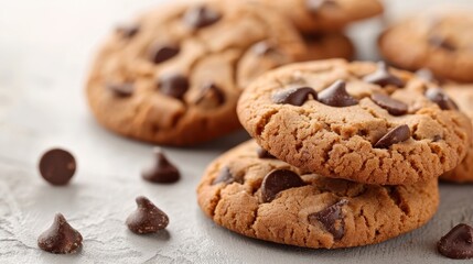 A detailed close-up shot of several delicious chocolate chip cookies, featuring gooey chocolate chips and a beautiful, rustic texture on a clean, white surface.