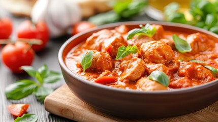 A tantalizing bowl of rich and savory meat stew, brimming with succulent chunks of meat, tomatoes, and garnished with fresh basil, epitomizing comfort and hearty homemade meals.