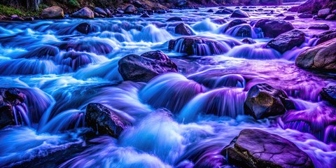 Naklejka premium Powerful rushing river with neon dark blue and purple colors breaking rocks and gushing down , rushing, powerful, river, water