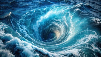Gigantic maelstrom whirlpool sea vortex in deep ocean water, ocean, waterspout, waves, powerful, natural disaster, swirling