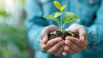 An image of a person holding a young plant with soil in their hands, featuring a green background, symbolizing new beginnings, growth, and environmental care.