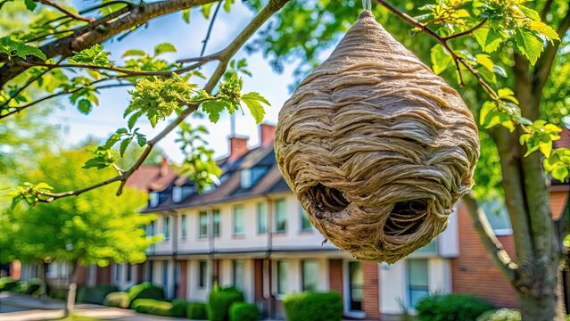 Asian hornet nest in a tree near houses, Asian hornet, nest, tree, close-up, danger, insects, hive