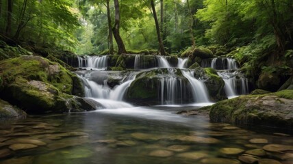 Tranquil waterfalls flowing through a lush forest in summer